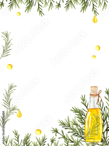Rosemary botanical frame with essential oil bottle and Rosemary plant, resemary sprigs, oil Drops.Watercolor Illustration. Good for Natural skincare , aromatherapy, Cosmetic packaging