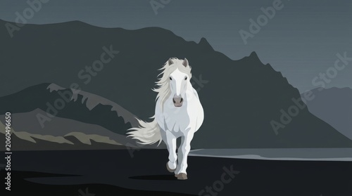 Flat vector illustration of a white horse on a black sand beach against dark volcanic mountains.