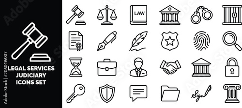 Foto Legal services and judiciary set, black and white line symbols for law, justice,