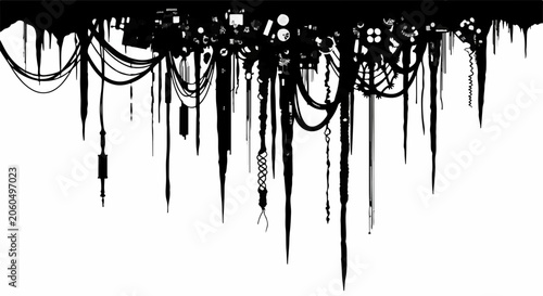 Intricate abstract silhouette of dangling wires and electronic components against a white background.