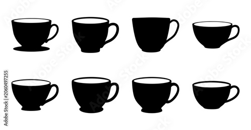 Cuadro en lienzo Black coffee cups in various styles and handles - Eight stylish black coffee cups with different shapes and handles arranged neatly in two rows