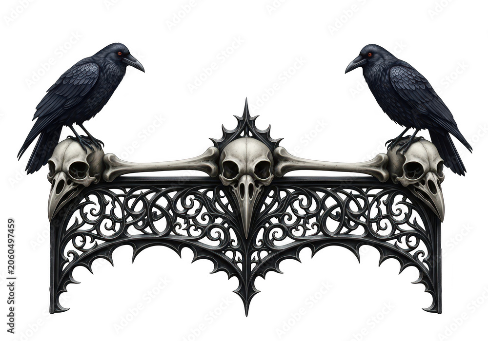 Obraz premium Gothic frame with skulls and black ravens isolated on transparent background