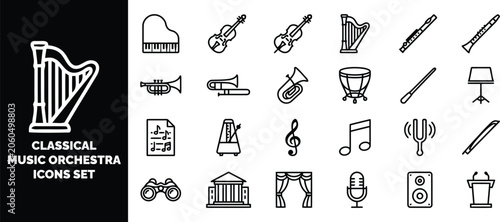 Fotografija Set of black and white line featuring classical musical instruments, orchestra e