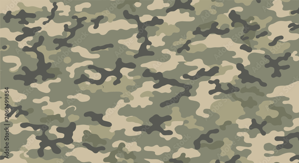 Fototapeta premium Classic woodland camouflage pattern features irregular shapes in earthy tones of tan brown and green for military and outdoor clothing design.
