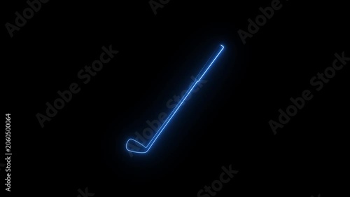 Neon hockey stick icon with glowing electric outline, modern sports symbol, bright luminous design isolated on dark background.