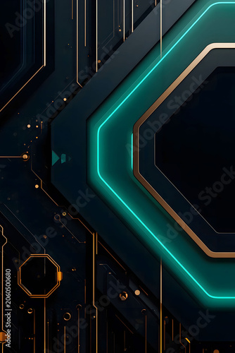 Abstract digital technology background with glowing teal geometric hexagon lines.