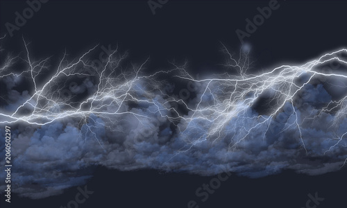 Lightning striking over dark stormy clouds at night