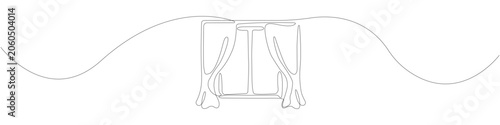 Continuous line art window icon with elegant curtains, minimalist one line drawing of home interior design element featuring smooth flowing line with clean contour and outline-only drawing structure.