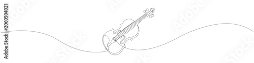 One line drawing of a classical violin instrument, continuous line art string fiddle icon, minimalist single stroke contour showing modern line illustration with a hand-drawn look.