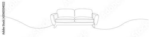 Minimalist one line drawing of a modern living room sofa, single line illustration of comfortable couch furniture designed in continuous stroke with clean contour and abstract linear silhouette.