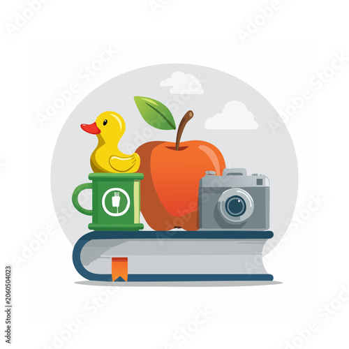 Flat design illustration of book with apple, duck, camera and mug