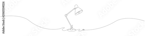 Continuous line art desk lamp with adjustable arm and plug, one stroke line drawing of office table light fixture featuring minimalist outline-only drawing and smooth flowing line character.