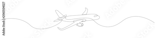 Minimalist one line drawing of a passenger airplane in flight, single line illustration of aviation aircraft featuring continuous stroke, clean contour, and smooth flowing line layout.