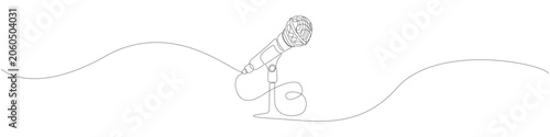 Single line illustration of a vocal microphone on a stand with cable, continuous line art mic icon featuring a minimalist outline-only drawing and smooth flowing line for audio branding.