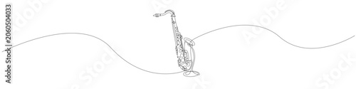 Continuous line art classical saxophone, one line drawing of jazz music wind instrument, modern line illustration featuring smooth flowing line, clean contour, and unbroken linear form.