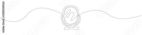 Continuous line art vintage table microphone icon, minimalist one stroke line drawing of retro broadcasting mic showcasing clean contour and abstract linear silhouette on white background.