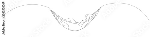 Continuous line art woman relaxing in a hammock, minimalist one line drawing of a person resting outdoors featuring smooth flowing line, clean contour, and abstract linear silhouette.