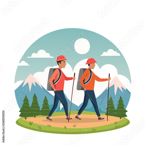 Two hikers with backpacks and trekking poles in a mountain landscape