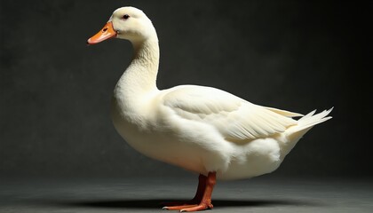 White duck stands on dark background. Soft light reveals smooth feather texture. Orange beak and legs contrast pale plumage. Full body view side profile.