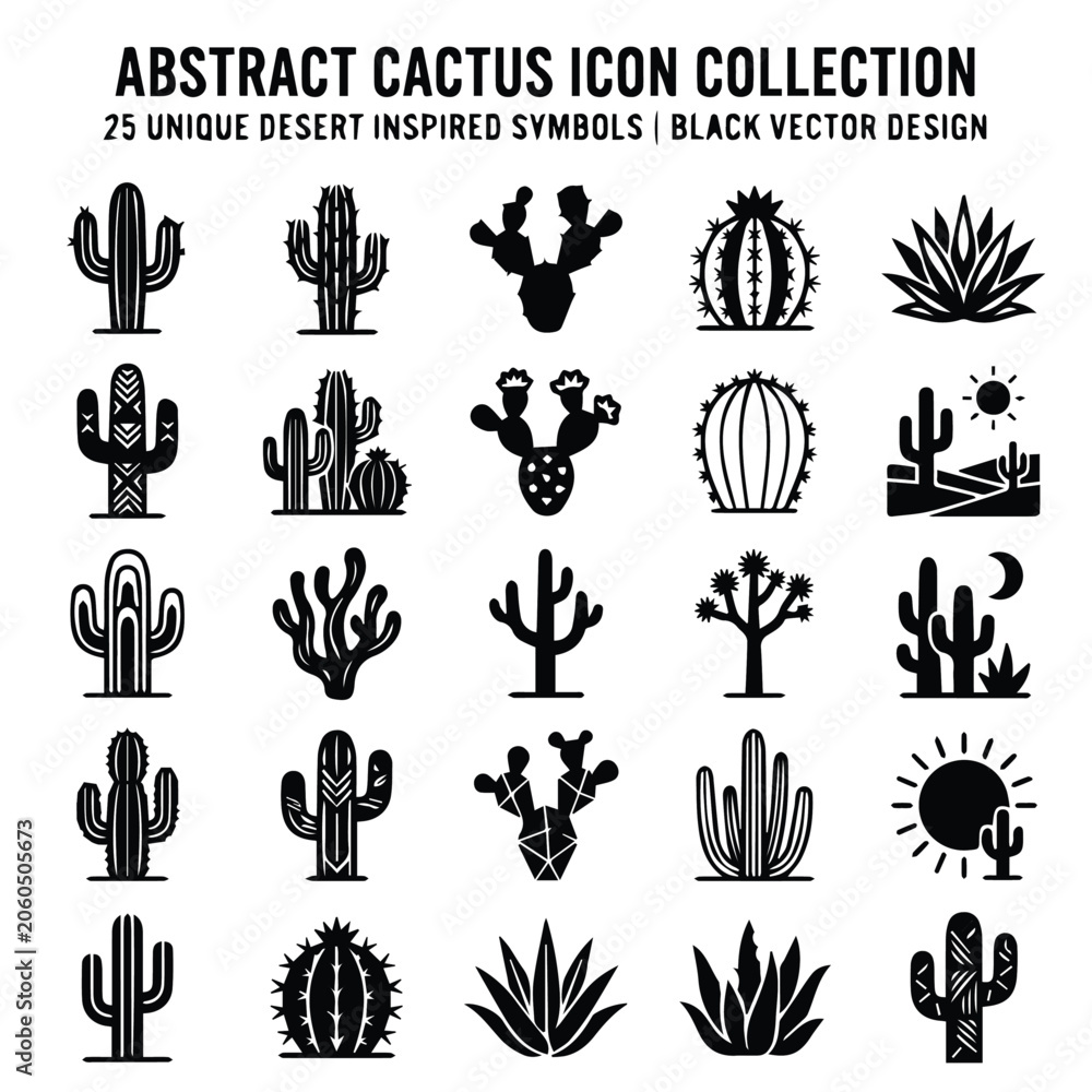 Fototapeta premium Abstract cactus icon collection desert inspired symbols with succulent, tropical