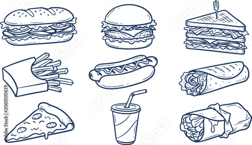 Foto Fast Food Items Line Art Illustration Set of Burgers Hot Dogs Pizza Soda and Sna