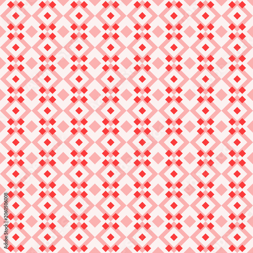 Geometric seamless pattern in traditional Ukrainian style, composed of red and pink rhombuses and squares, rhythmically repeating on a light background.