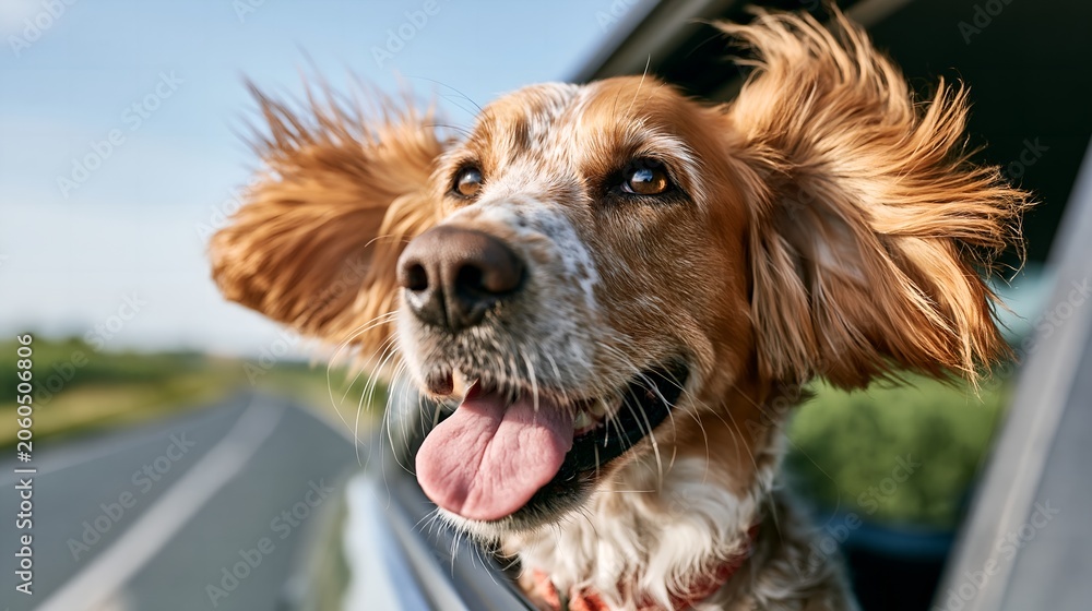 Obraz premium Happy dog enjoys open car window.