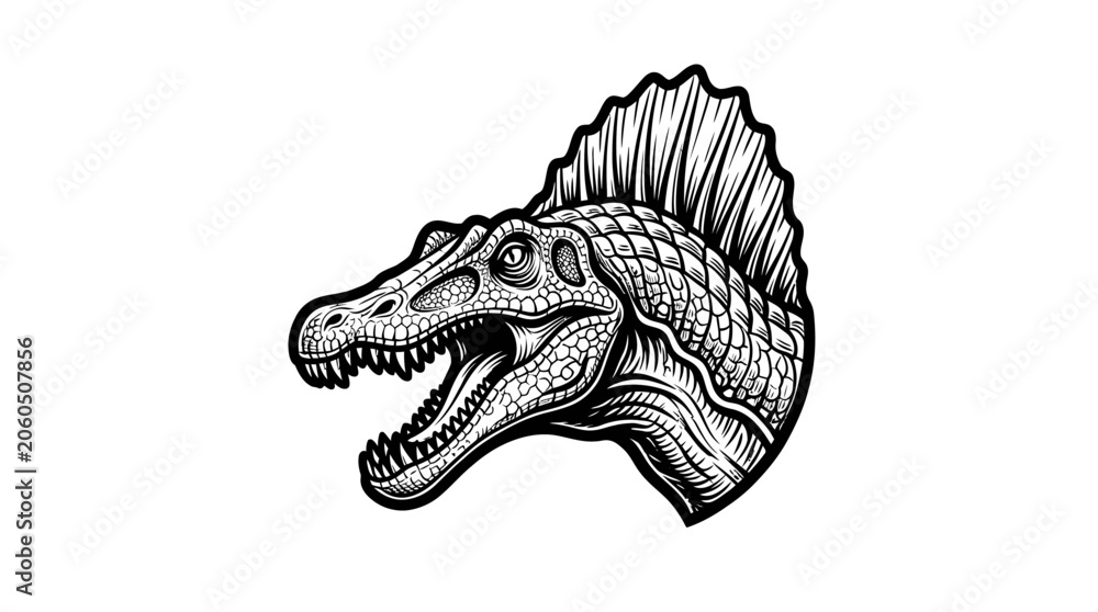 Naklejka premium Spinosaurus Dinosaur Head Illustration Black and White.