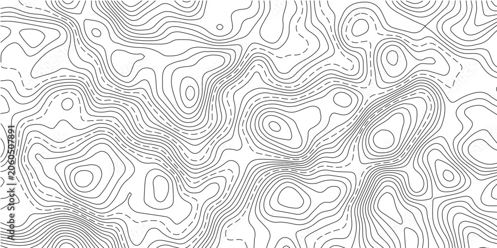 Fototapeta premium Abstract Black and White Topographic Contour Lines Pattern with Solid and Dashed Elevation Curves, Geographic Terrain Map Background for Modern Vector Design.
