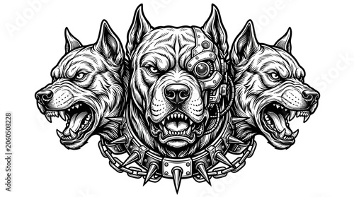 Three headed dog illustration with spiked collar and cybernetic eye.