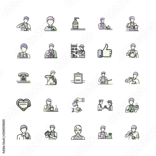 Coffee Barista Icons in Modern Line Art Style or Professional Barista Illustration Vector Set