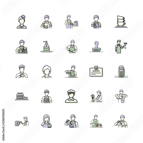 Coffee Barista Icon Set or Line Art Barista Illustrations