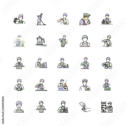 Barista Line Art Illustration or Coffee Shop Icon Set