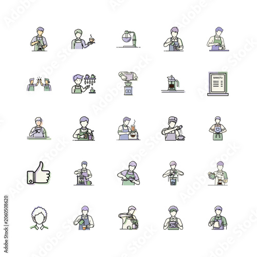 Coffee Barista Icons in Modern Line Art Style or Professional Barista Illustration Vector Set