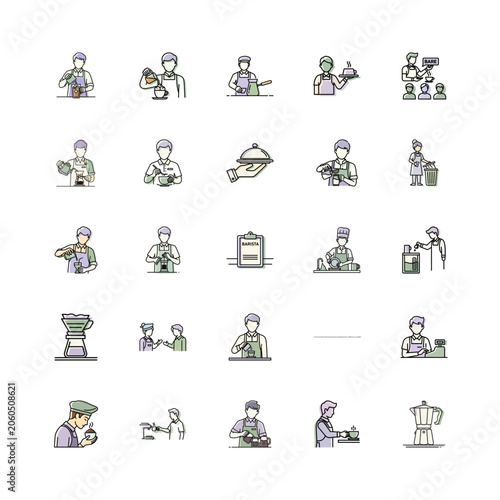 Coffee Bar Icons or Barista Line Art Illustrations