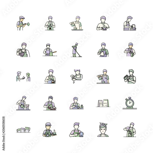 Coffee Shop Barista Illustrations or Vector Barista Icons Collection