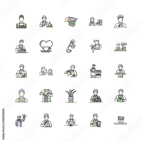 Barista Icons in Minimalist Style or Coffee Shop Vector Illustrations