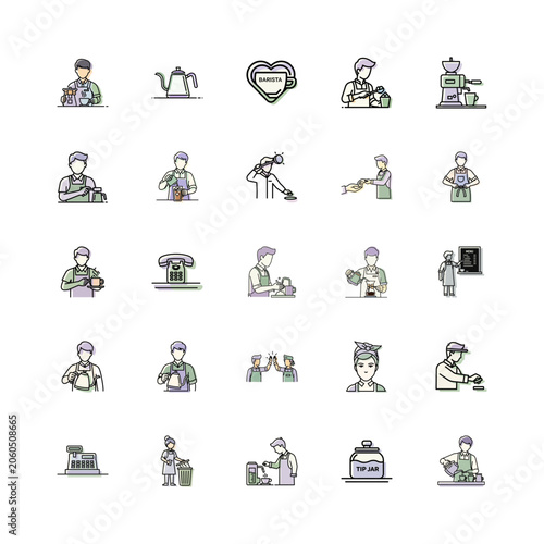 Barista Icon Set for Coffee Shop or Cafe or Coffee Bar Icons Illustrations