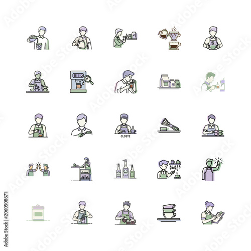 Coffee Shop Barista Icons or Barista Line Art Illustrations