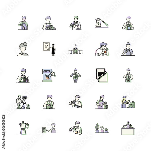 Barista Line Art Illustration or Coffee Shop Icon Set