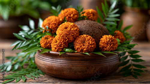 Traditional kalash with coconut and marigold flowers on wooden bowl for dussehra festival altar background and ceremonial design