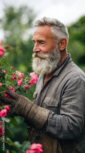 Older man pruning roses in lush outdoor garden setting
