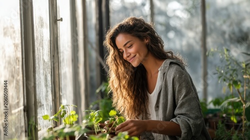 Young woman tending potted plants at sunlit greenhouse window