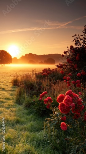 Blooming garden sunrise background with golden light for vertical banner and nature wallpaper design for peaceful morning scenes