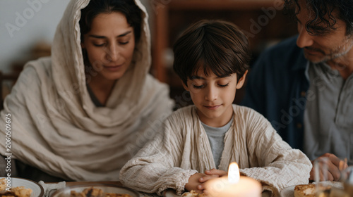 Afghan refugee family gathered in a resettlement apartment for a first Rosh Hashanah period autumn dinner mimicking a shared meal tradition from home, mismatched donated