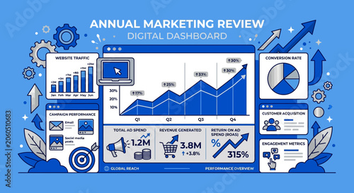 Annual Marketing Review Digital Dashboard Showing Key Performance Indicators