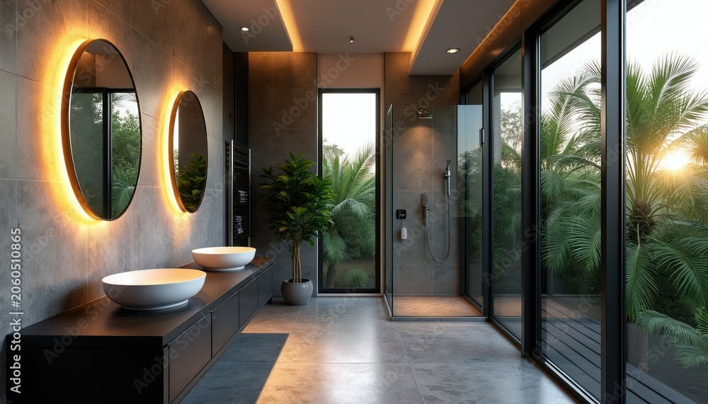Fototapeta premium Modern luxury bathroom features double sinks, illuminated mirrors, glass shower stall, and large windows with tropical palm view. Relaxing spa oasis with elegant design and natural light.
