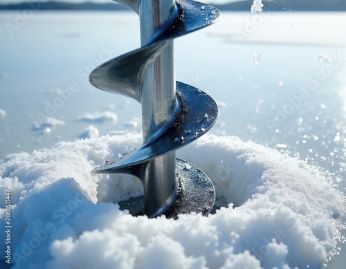 Metal ice auger cuts hole in frozen lake surface. Snow and ice chips fly from spinning drill bit. Clear sky and water reflection with distant land.