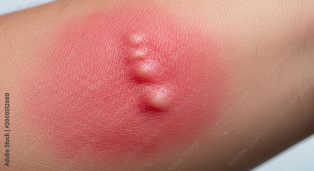 Fototapeta premium Skin rash with swollen red bumps on arm showing irritation and inflammation. Skin condition includes raised welts with redness and possible allergic reaction.