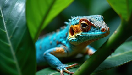 Bright blue lizard with orange markings sits on green plant stem. Reptile has textured scales and watchful eye. Wildlife subject stays still amongst foliage.